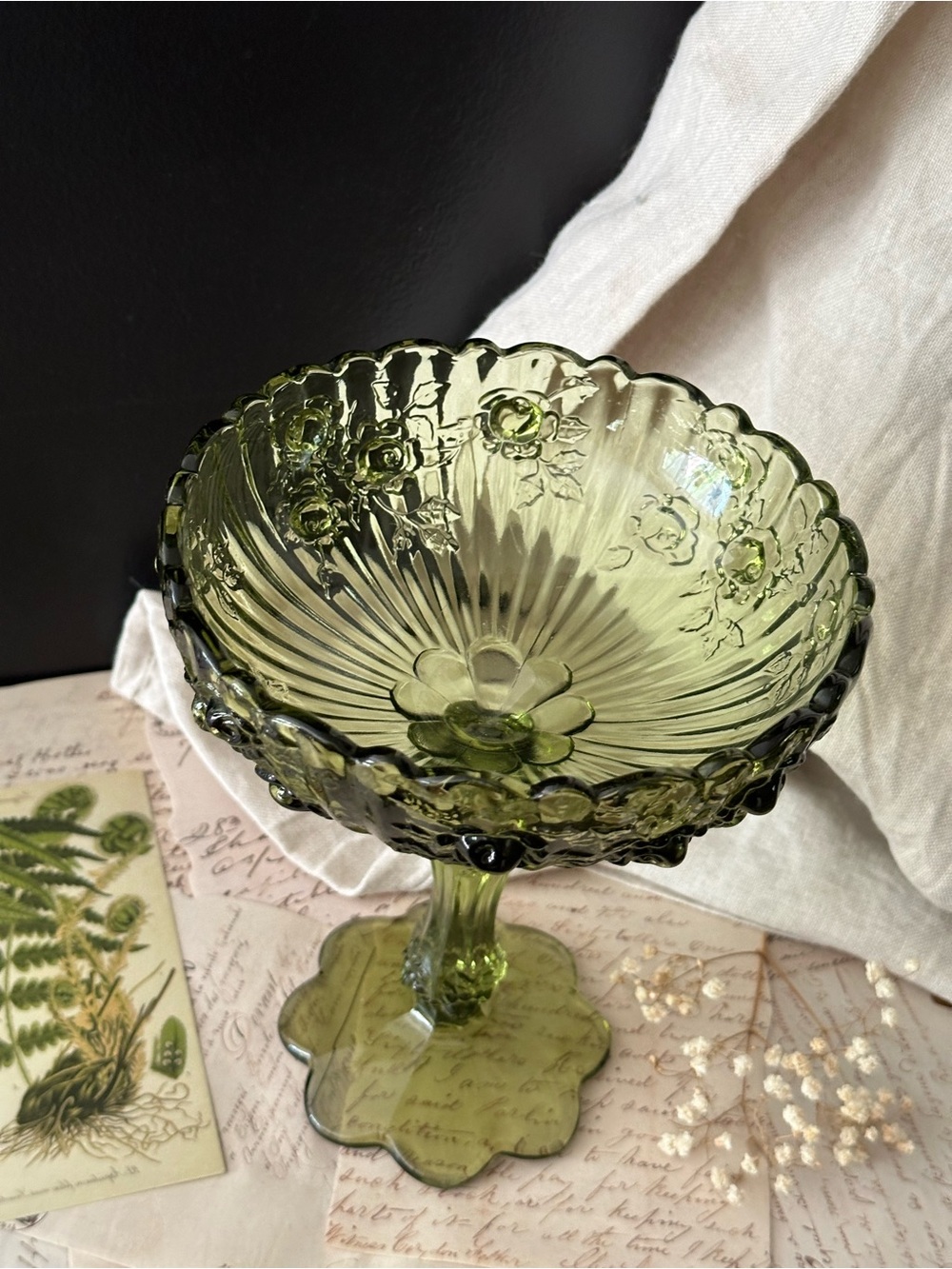 Fenton Green Pressed Glass Floral Pedestal Compote Bowl, Round Scalloped Rim